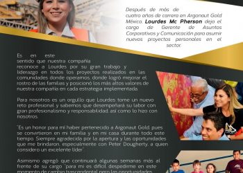 Lourdes Mc Pherson se despide de la Gerencia de Asuntos Corporativos y Comunicación de Argonaut Gold México