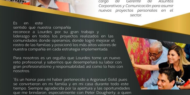 Lourdes Mc Pherson se despide de la Gerencia de Asuntos Corporativos y Comunicación de Argonaut Gold México